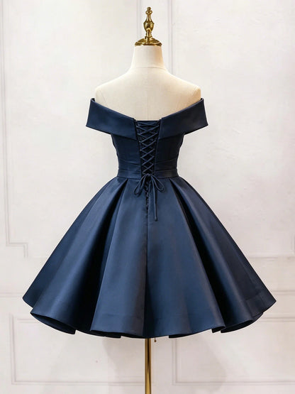 Aimishang Elegant Blue A Line Off the Shoulder Lace-Up Back Short Formal Prom Dress Classy Homecoming Dress