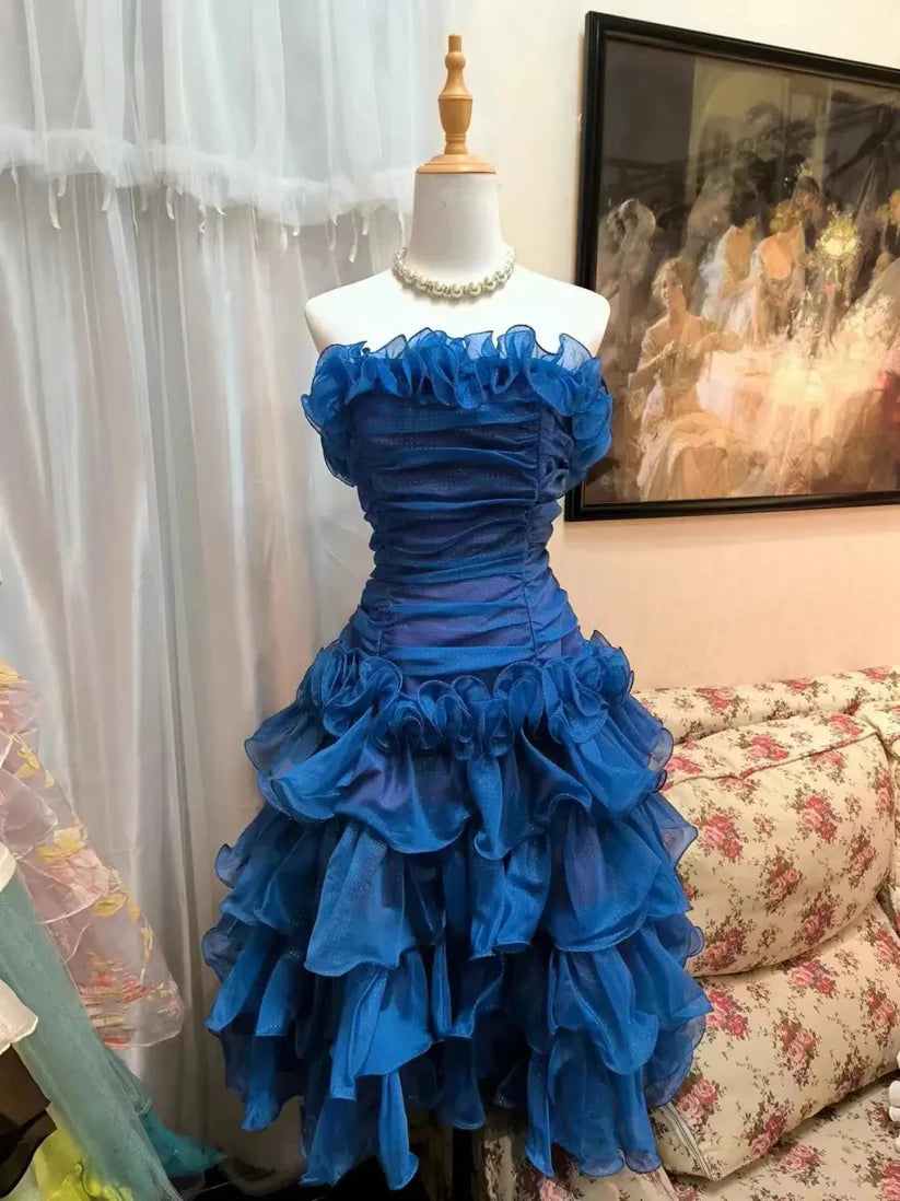 Aimishang Elegant Blue A Line Strapless Layered Homecoming Dress Vintage Party Prom Dress