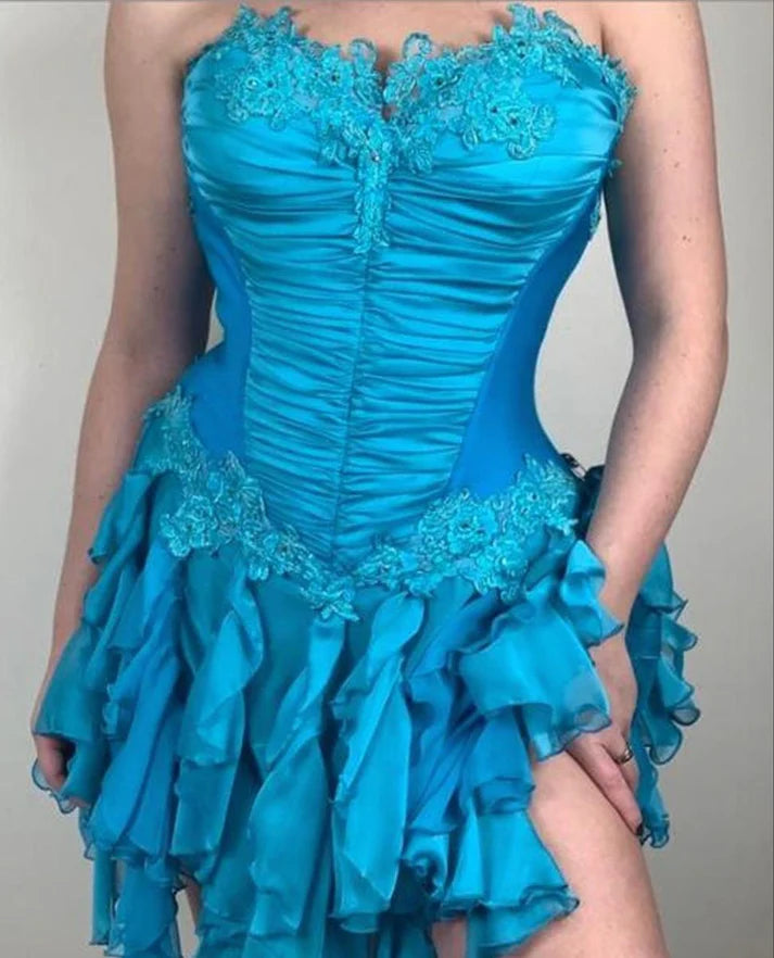 Aimishang Elegant Blue A Line Strapless Sleeveless Summer Short Party Prom Dress Classy Graduation Homecoming Dress with Appliques