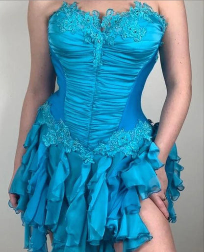 Aimishang Elegant Blue A Line Strapless Sleeveless Summer Short Party Prom Dress Classy Graduation Homecoming Dress with Appliques