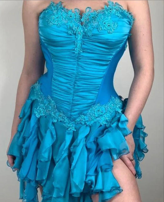 Aimishang Elegant Blue A Line Strapless Sleeveless Summer Short Party Prom Dress Classy Graduation Homecoming Dress with Appliques