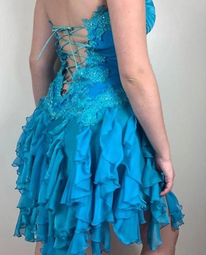 Aimishang Elegant Blue A Line Strapless Sleeveless Summer Short Party Prom Dress Classy Graduation Homecoming Dress with Appliques