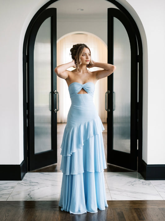 Aimishang Elegant Blue A Line Sweetheart Neck Strapless Sleeveless Layered Long Graduation Dress Charming Wedding Guest Dress