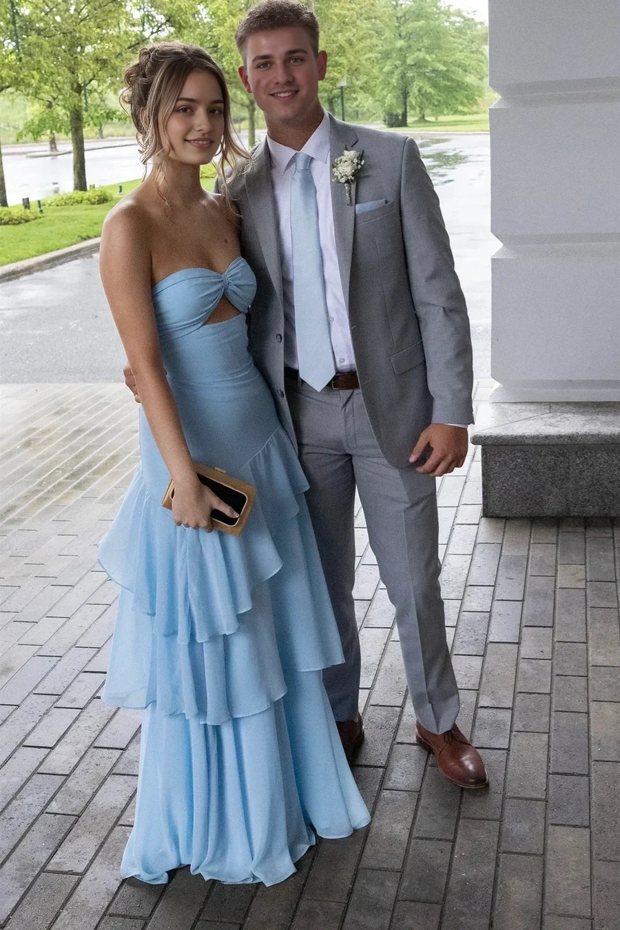 Aimishang Elegant Blue A Line Sweetheart Neck Strapless Sleeveless Layered Long Graduation Dress Charming Wedding Guest Dress