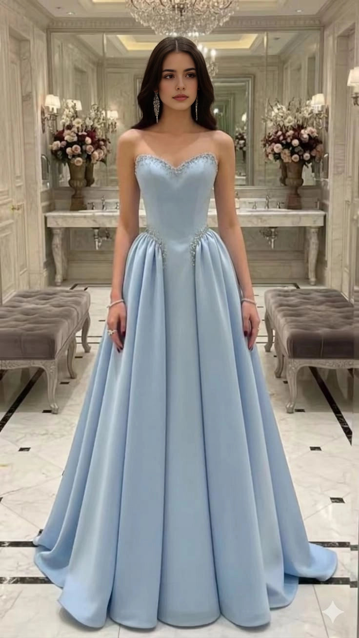 Aimishang Elegant Blue A Line Sweetheart Sleeveless Beaded Long Formal Prom Dress Pretty Party Evening Gown