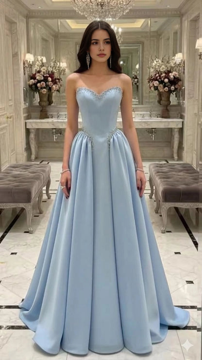 Aimishang Elegant Blue A Line Sweetheart Sleeveless Beaded Long Formal Prom Dress Pretty Party Evening Gown