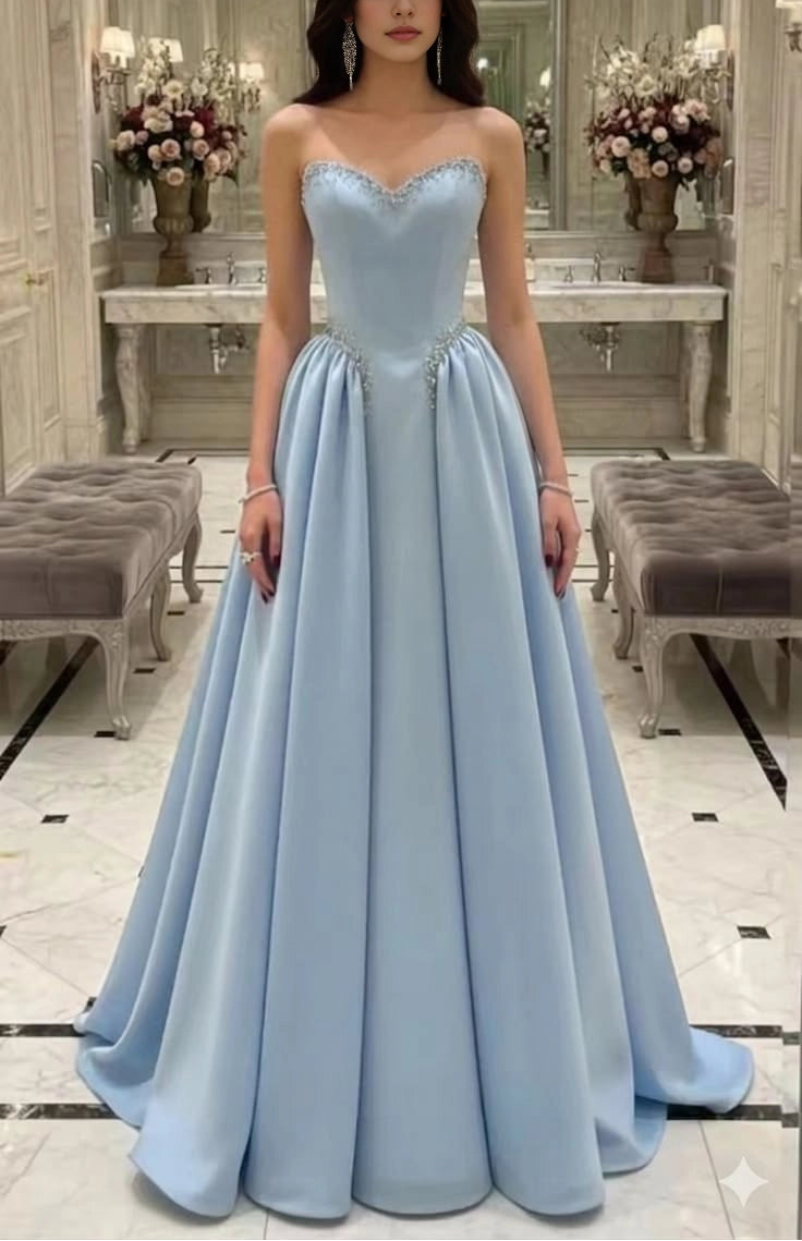 Aimishang Elegant Blue A Line Sweetheart Sleeveless Beaded Long Formal Prom Dress Pretty Party Evening Gown