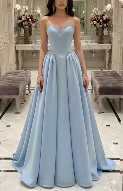Aimishang Elegant Blue A Line Sweetheart Sleeveless Beaded Long Formal Prom Dress Pretty Party Evening Gown