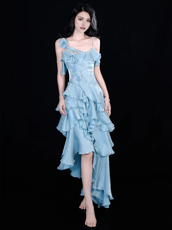 Aimishang Elegant Blue High Low Sleeveless Ruffle Formal Prom Dress Charming Evening Party Dress