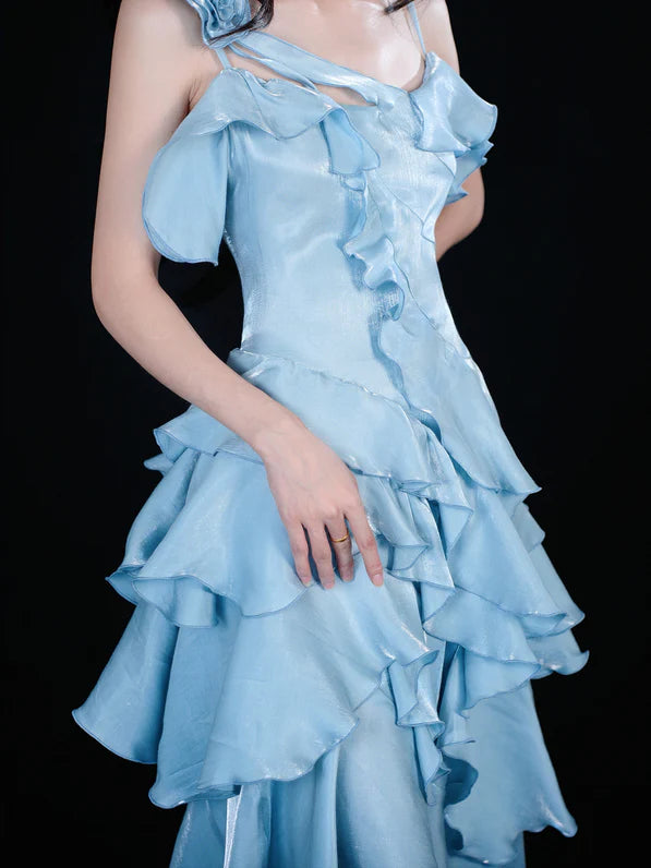 Aimishang Elegant Blue High Low Sleeveless Ruffle Formal Prom Dress Charming Evening Party Dress