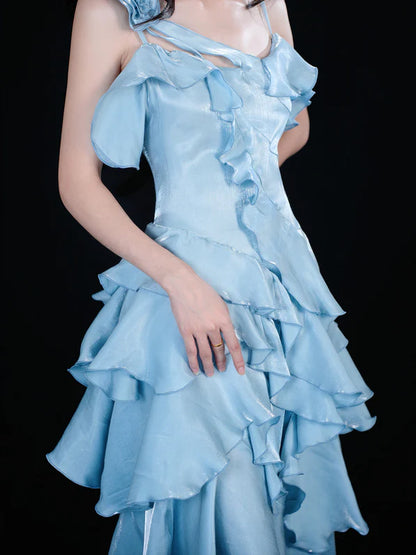 Aimishang Elegant Blue High Low Sleeveless Ruffle Formal Prom Dress Charming Evening Party Dress