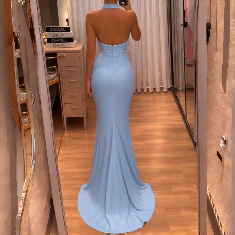 Aimishang Elegant Blue Mermaid Halter Sleeveless Long Formal Prom Dress Charming Evening Party Dress
