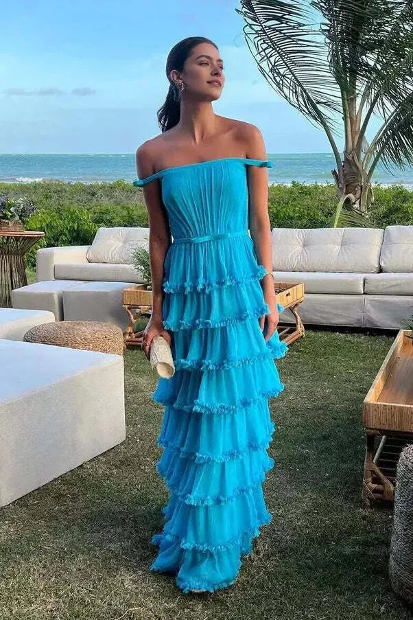 Aimishang Elegant Blue Off-Shoulder A-Line Tiered Wedding Guest Party Dress Charming Long Formal Prom Dress