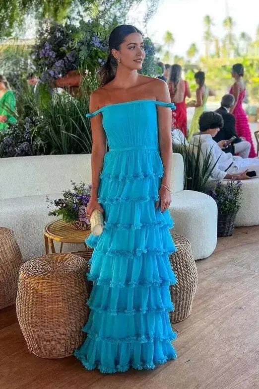 Aimishang Elegant Blue Off-Shoulder A-Line Tiered Wedding Guest Party Dress Charming Long Formal Prom Dress