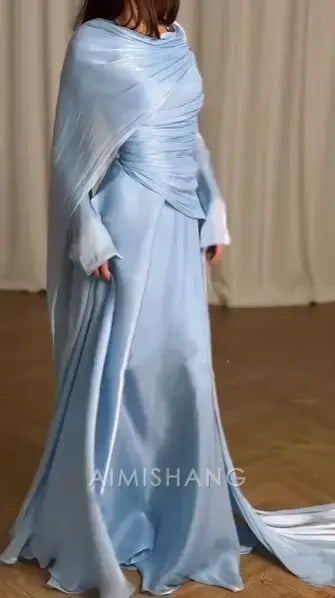 Aimishang Elegant Blue Pleated Long Sleeves Formal Prom Dress Chic Wedding Guest Dress Charming Party Evening Gowns