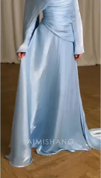 Aimishang Elegant Blue Pleated Long Sleeves Formal Prom Dress Chic Wedding Guest Dress Charming Party Evening Gowns