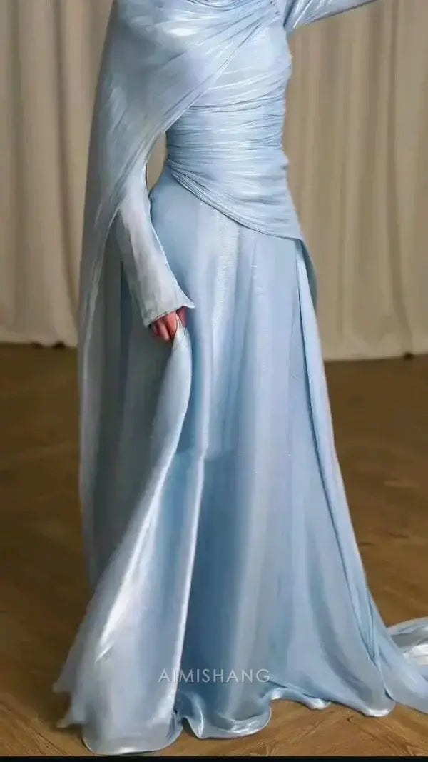 Aimishang Elegant Blue Pleated Long Sleeves Formal Prom Dress Chic Wedding Guest Dress Charming Party Evening Gowns