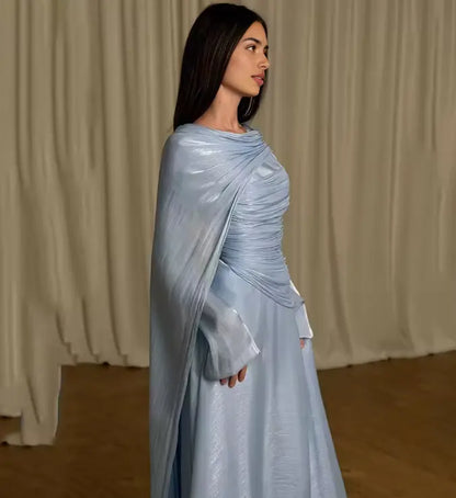 Aimishang Elegant Blue Pleated Long Sleeves Formal Prom Dress Chic Wedding Guest Dress Charming Party Evening Gowns