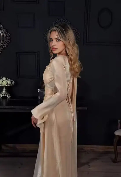 Aimishang Elegant Blue Pleated Long Sleeves Formal Prom Dress Chic Wedding Guest Dress Charming Party Evening Gowns