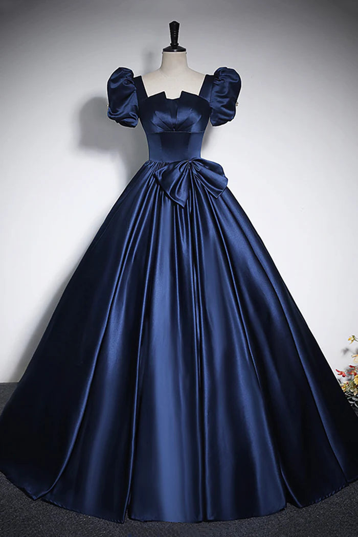 Aimishang Elegant Blue Satin A Line Short Sleeves Long Formal Prom Dress Charming Floor-Length Party Evening Gown with Bow