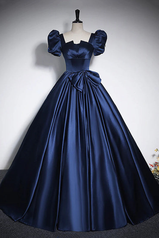 Aimishang Elegant Blue Satin A Line Short Sleeves Long Formal Prom Dress Charming Floor-Length Party Evening Gown with Bow