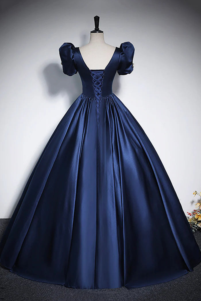 Aimishang Elegant Blue Satin A Line Short Sleeves Long Formal Prom Dress Charming Floor-Length Party Evening Gown with Bow