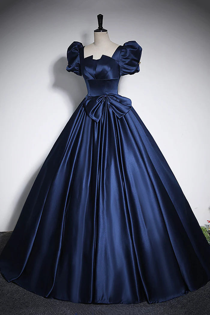 Aimishang Elegant Blue Satin A Line Short Sleeves Long Formal Prom Dress Charming Floor-Length Party Evening Gown with Bow