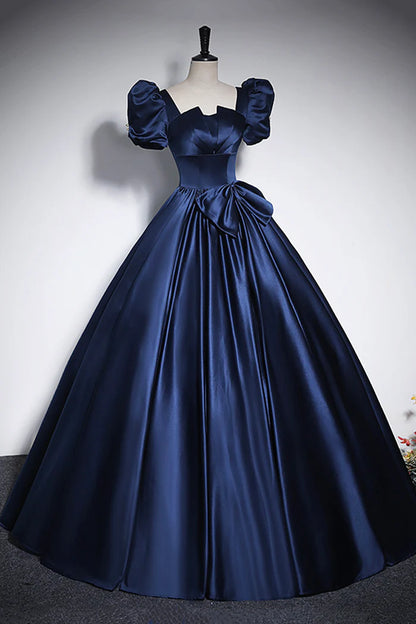 Aimishang Elegant Blue Satin A Line Short Sleeves Long Formal Prom Dress Charming Floor-Length Party Evening Gown with Bow