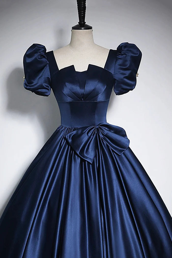 Aimishang Elegant Blue Satin A Line Short Sleeves Long Formal Prom Dress Charming Floor-Length Party Evening Gown with Bow