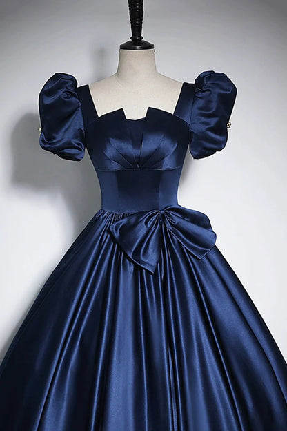 Aimishang Elegant Blue Satin A Line Short Sleeves Long Formal Prom Dress Charming Floor-Length Party Evening Gown with Bow