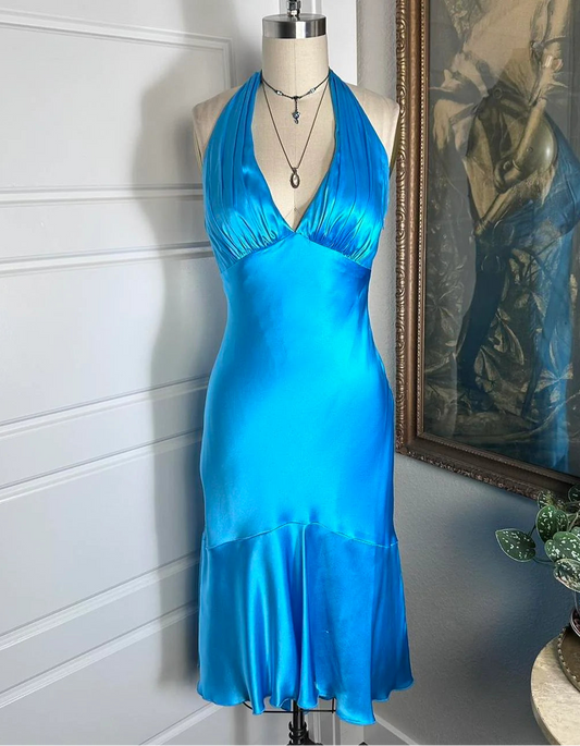Aimishang Elegant Blue Satin Halter Sleeveless Party Prom Dress Classy Cocktail Homecoming Dress