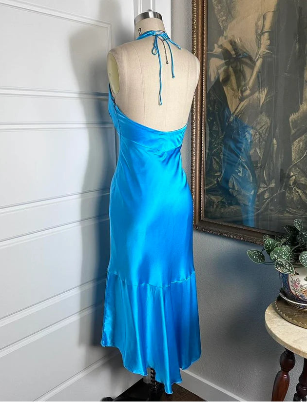 Aimishang Elegant Blue Satin Halter Sleeveless Party Prom Dress Classy Cocktail Homecoming Dress