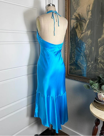 Aimishang Elegant Blue Satin Halter Sleeveless Party Prom Dress Classy Cocktail Homecoming Dress