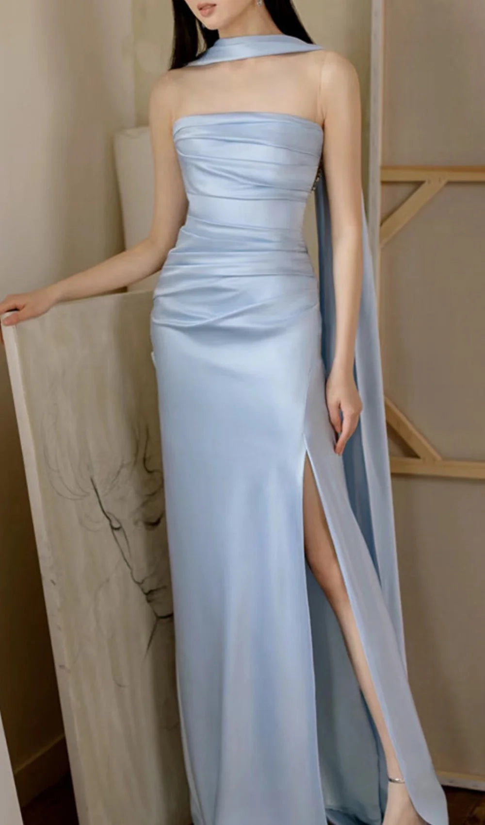 Aimishang Elegant Blue Sheath Pleated Sleeveless Long Formal Prom Dress Charming Evening Party Dress With Slit