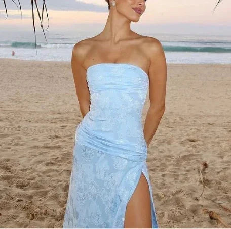 Aimishang Elegant Blue Sheath Strapless Sleeveless Long Formal Prom Dress Charming Party Evening Gowns With Slit