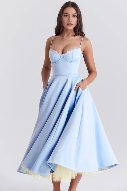 Aimishang Elegant Blue Spaghetti Straps A Line Sleeveless Formal Prom Dress Sweet Graduation Party Dress