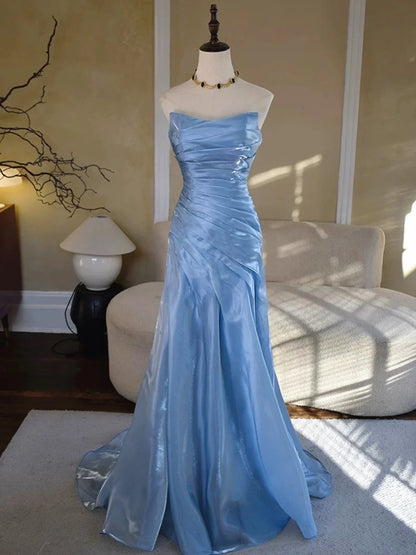 Aimishang Elegant Blue Strapless Sleeveless Pleated Long Formal Prom Dress Charming Evening Party Dress