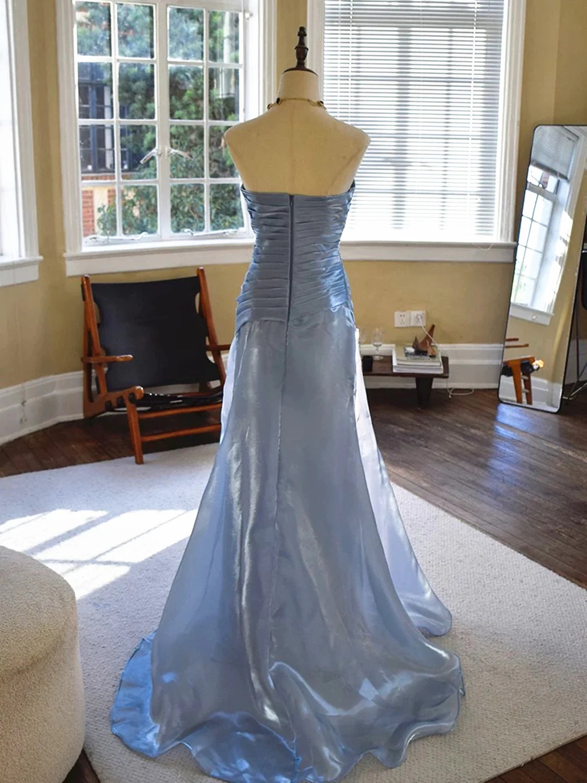Aimishang Elegant Blue Strapless Sleeveless Pleated Long Formal Prom Dress Charming Evening Party Dress