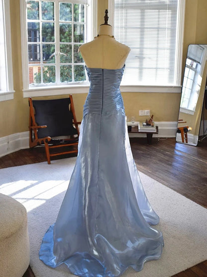 Aimishang Elegant Blue Strapless Sleeveless Pleated Long Formal Prom Dress Charming Evening Party Dress
