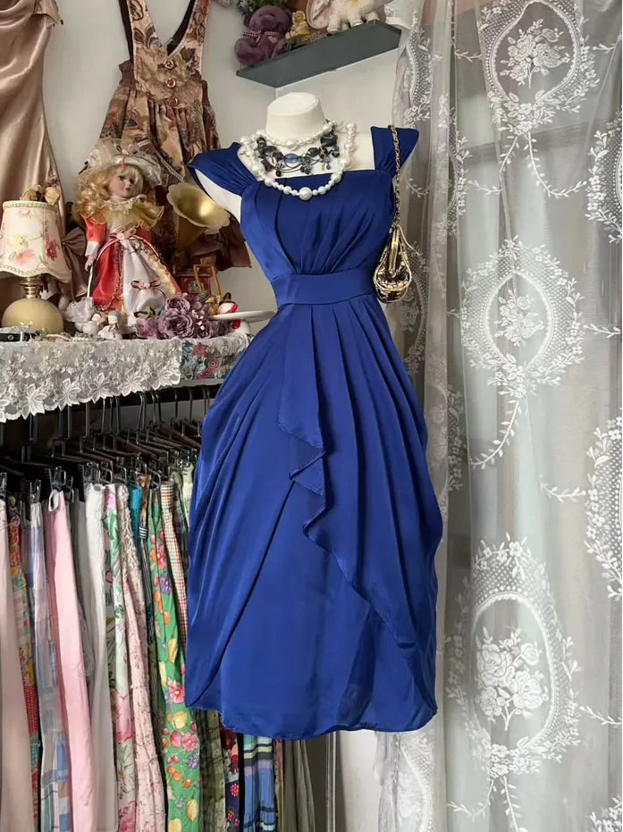 Aimishang Elegant Blue Straps Sleeveless Pleated Evening Party Dress Classy Wedding Guest Dress