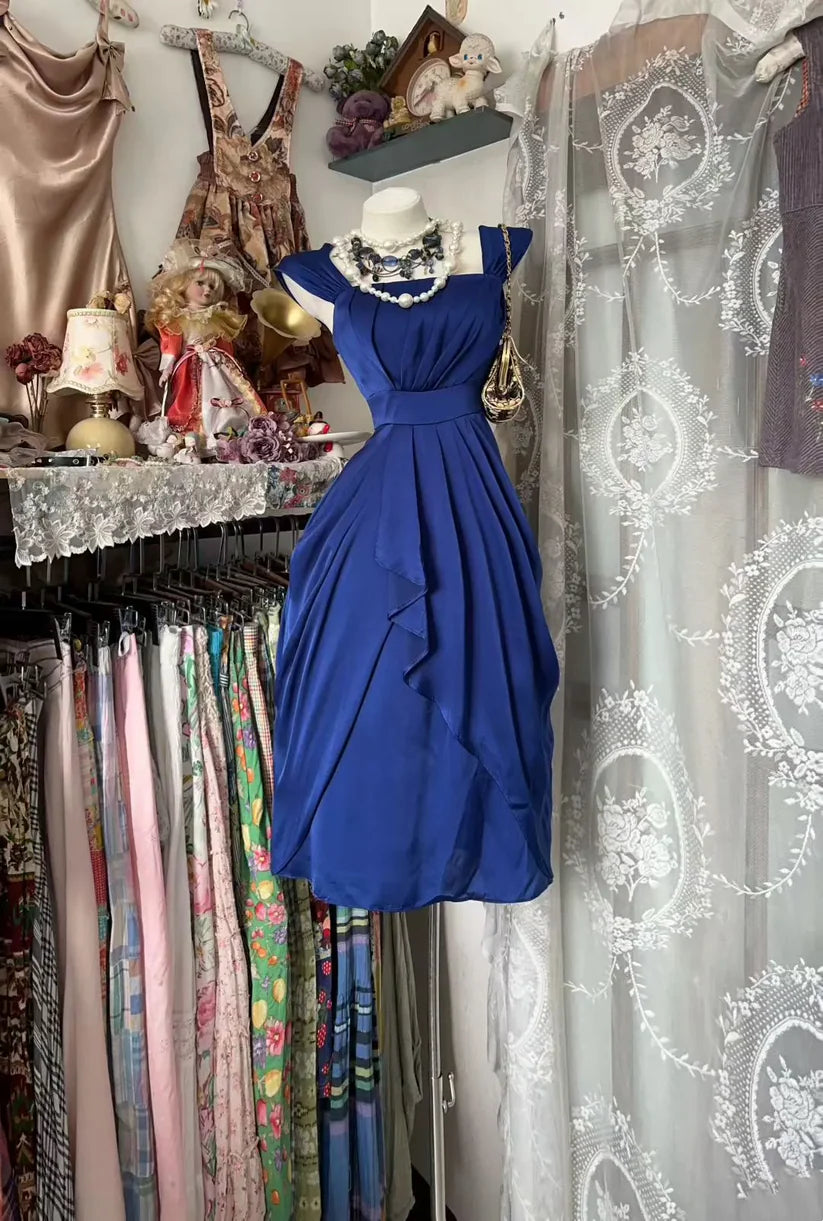 Aimishang Elegant Blue Straps Sleeveless Pleated Evening Party Dress Classy Wedding Guest Dress
