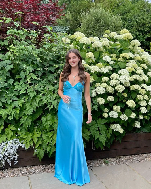 Aimishang Elegant Blue V-neck Straps Long Prom Dress Charming Evening Party Dress Sweetheart Formal Dress