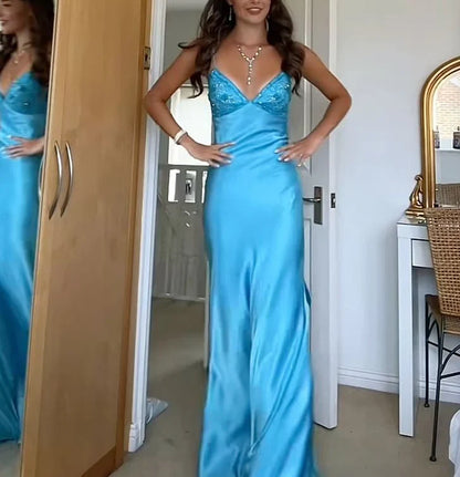 Aimishang Elegant Blue V-neck Straps Long Prom Dress Charming Evening Party Dress Sweetheart Formal Dress