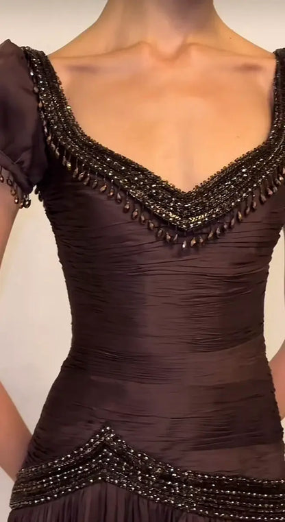 Aimishang Charming A Line Short Sleeves Beaded Evening Party Dress Elegant Long Formal Prom Dress