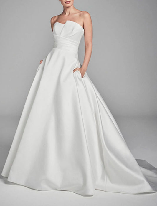 Aimishang Elegant Engagement Casual Wedding Dresses A-Line Strapless Sweep / Brush Train Satin Bridal Gowns With Ruched