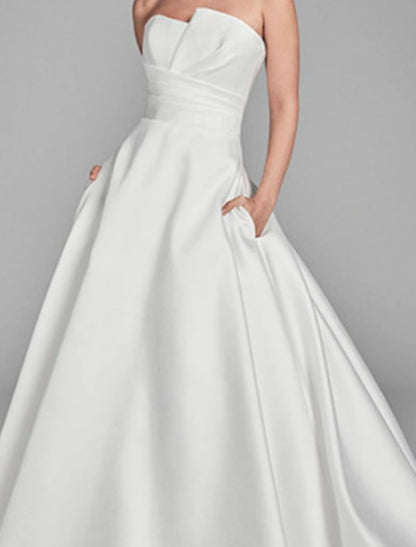 Aimishang Elegant Engagement Casual Wedding Dresses A-Line Strapless Sweep / Brush Train Satin Bridal Gowns With Ruched