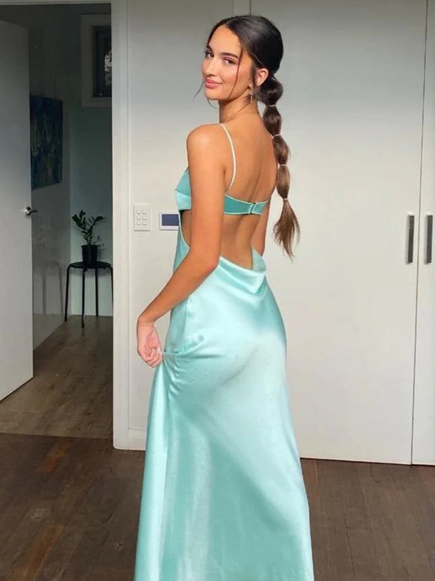 Aimishang Elegant Evening Dresses Sheath Spaghetti Straps Long Prom Dress Formal Satin Fashion Party Dress
