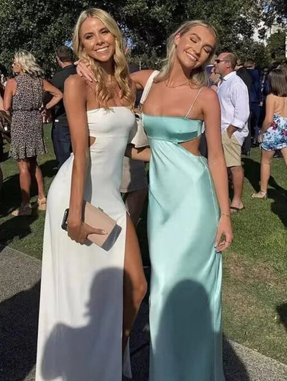 Aimishang Elegant Evening Dresses Sheath Spaghetti Straps Long Prom Dress Formal Satin Fashion Party Dress