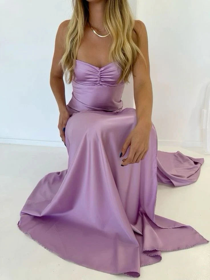 Aimishang Elegant Evening Dresses Spaghetti Straps Long Prom Dress Satin Simple Formal Party Dress With Slit