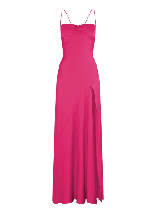 Aimishang Elegant Evening Dresses Spaghetti Straps Long Prom Dress Satin Simple Formal Party Dress With Slit